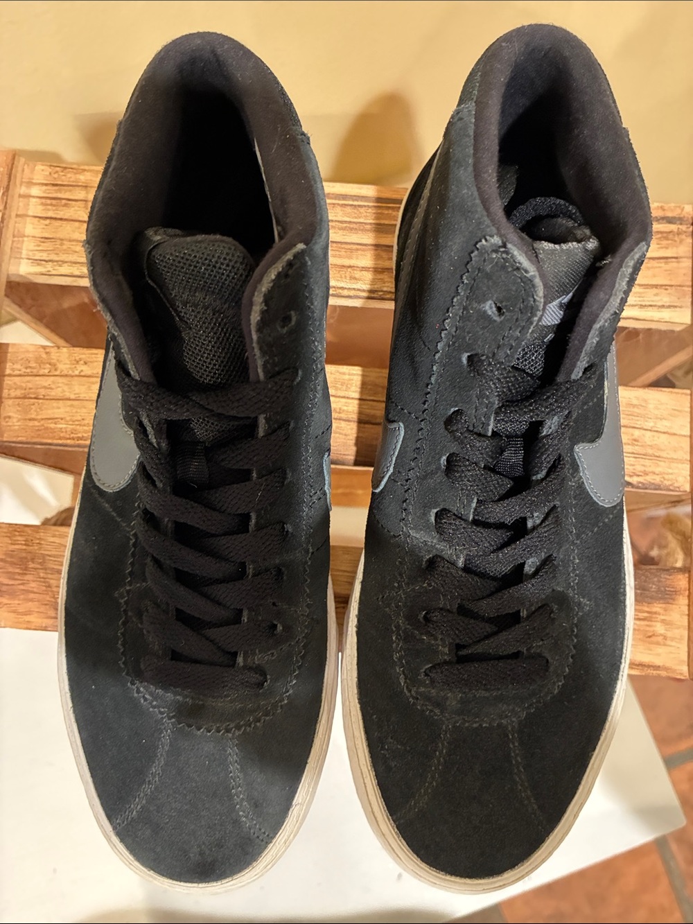 Nike Black Suede High-Top Sneakers with White Soles and Gray Swoosh - Picture 6 of 7
